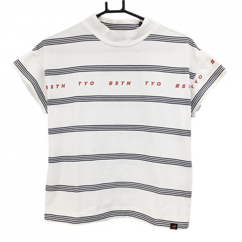 【超美品】ニューバランスゴルフ 半袖ハイネックシャツ 白×ネイビー ボーダー ロゴレッド レディース 1..