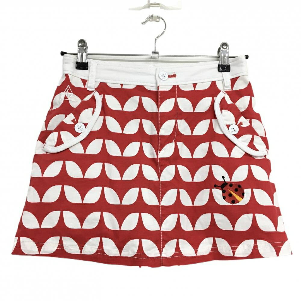 【美品】ルコック スカート レッド×白 総柄 テントウムシ刺しゅう 内側メッシュインナーパンツ レディ..