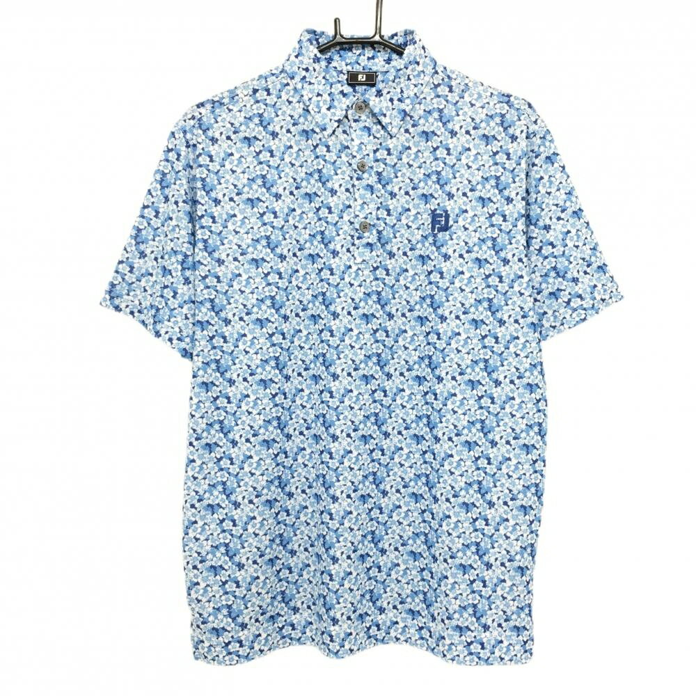 【美品】フットジョイ 半袖ポロシャツ ライトブルー×ネイビー 花柄 ボタンダウン メンズ M ゴルフウェア 2024年モデル FootJoy