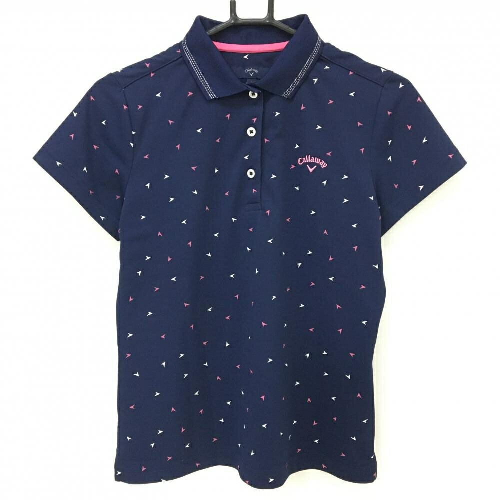 【超美品】キャロウェイ 半袖ポロシャツ ネイビー×白 総柄 ロゴ刺しゅう レディース L ゴルフウェア Callaway