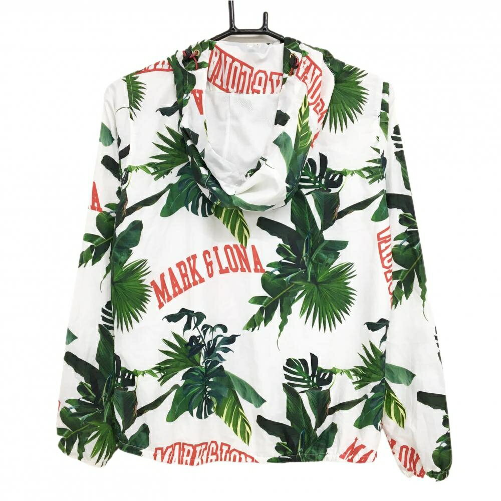 【美品】マークアンドロナ ジップパーカー 白×グリーン リーフ柄 裏地メッシュ レディース M ゴルフウェア MARK＆LONA
