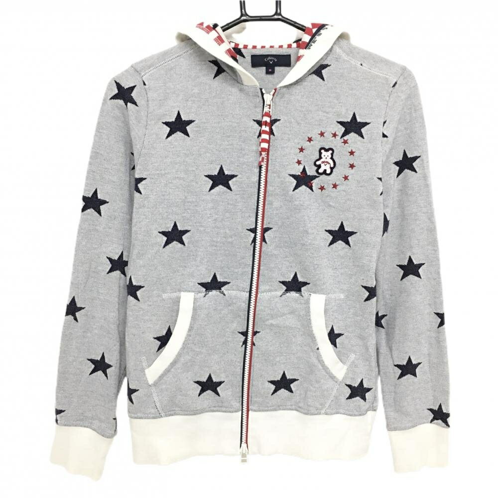 キャロウェイ ニットジップパーカー ライトグレー×ネイビー 星柄 ダブルジップ レディース M ゴルフウェア Callaway