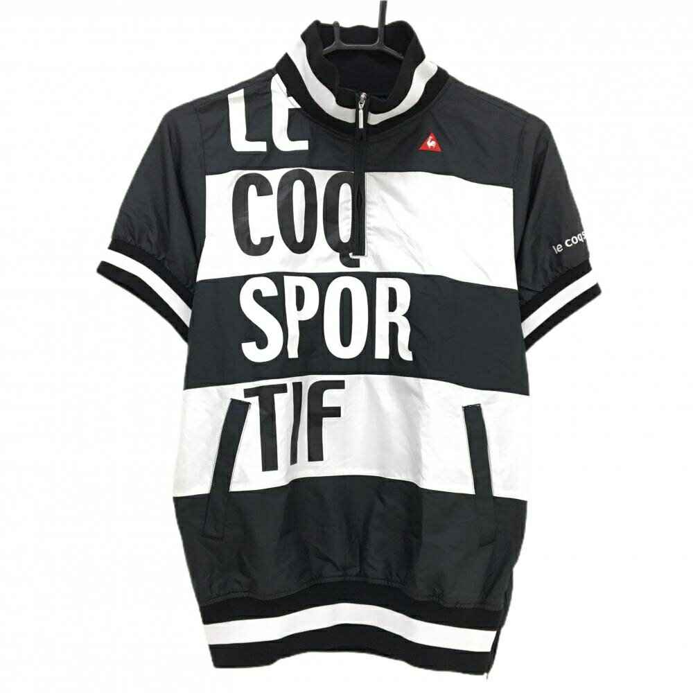 【超美品】ルコックゴルフ 半袖ブルゾン 黒×白 ハーフジップ フロントロゴ レディース M ゴルフウェア le coq sportif