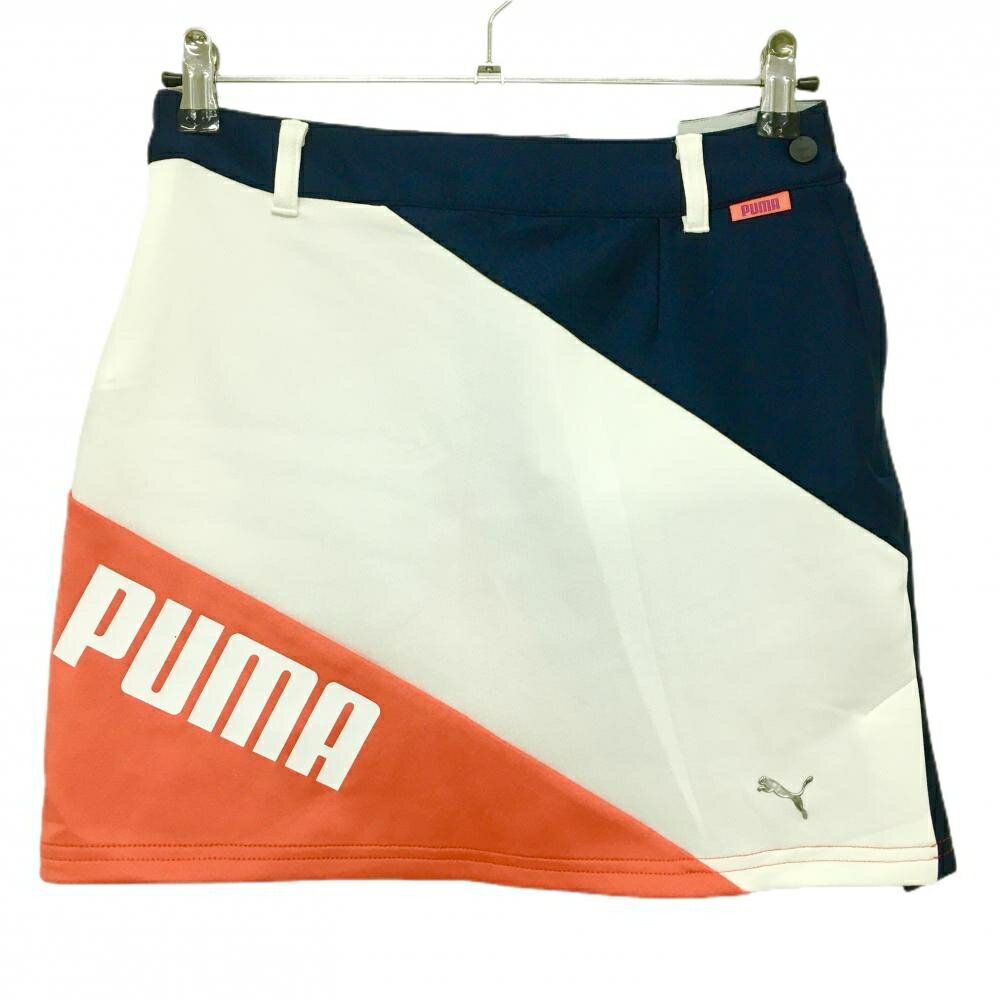 プーマ スカート ネイビー×白×オレンジ ビッグロゴ レディース M ゴルフウェア PUMA