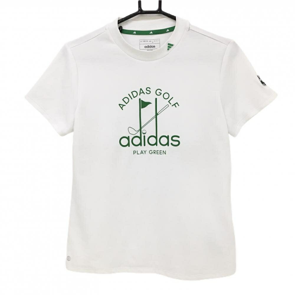 ADIDAS - アディダス 半袖ハイネックシャツ 白×グリーン フロントロゴ レディース XL ゴルフウェア adidas