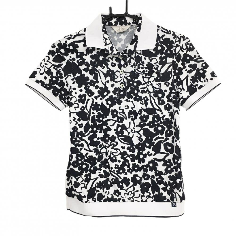 Adabat - 【超美品】アダバット 半袖ポロシャツ 白×黒 花柄 胸ポケット レディース 36(S) ゴルフウェア adabat