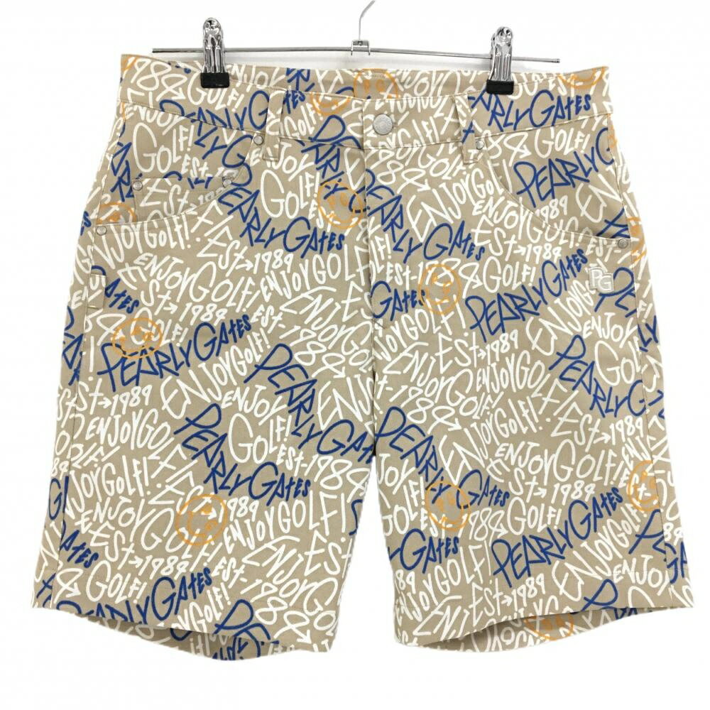 【超美品】パーリーゲイツ ハーフパンツ ベージュ×白×ブルー 英字総柄 メンズ 4(M)...