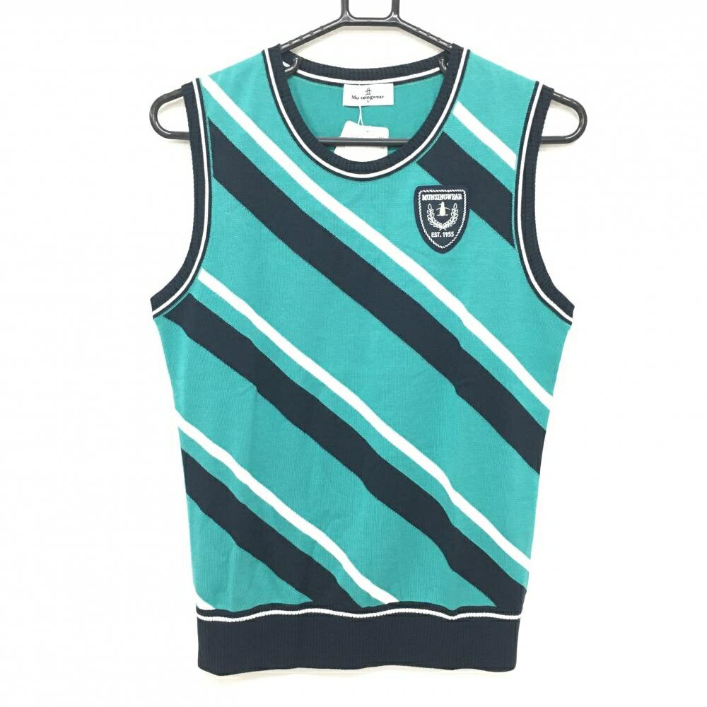 【新品】マンシングウェア ニットベスト グリーン×ネイビー 前面斜めボーダー コットン混 レディース L..