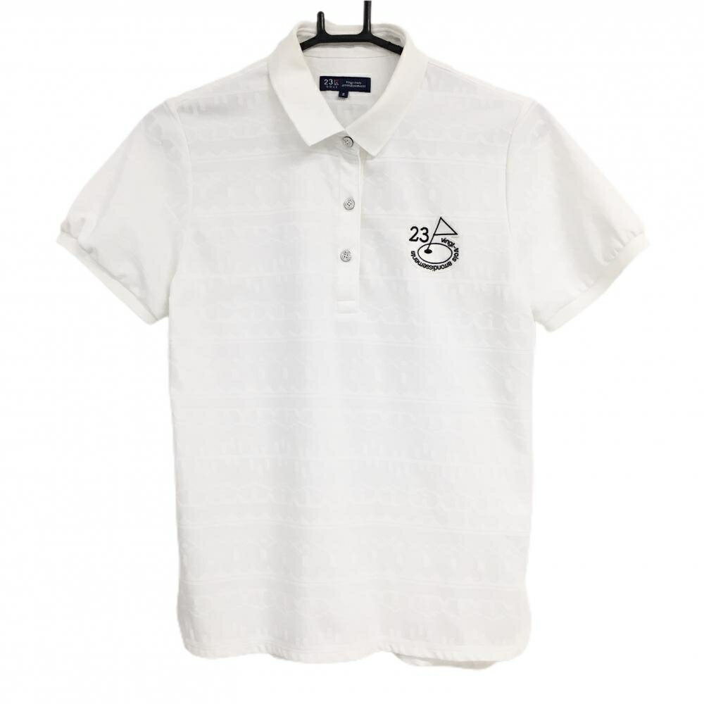 23区ゴルフ 半袖ポロシャツ 白 総柄地模様 胸元ワッペン 襟汚れ レディース II ゴルフウェア 23区