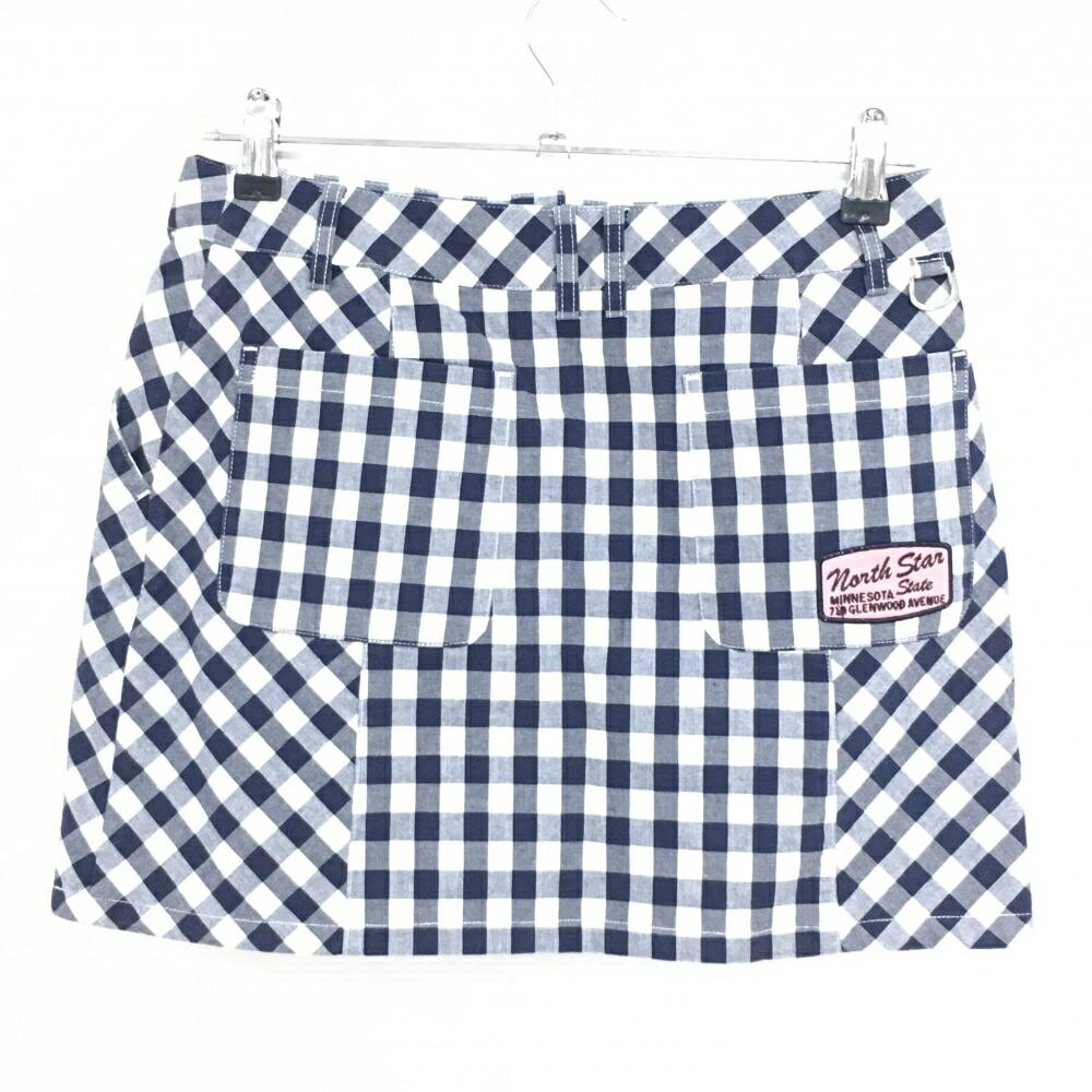 【超美品】マンシングウェア スカート 白×ネイビー チェック柄 ロゴ刺しゅう レディース 9 ゴルフウェア Munsingwear