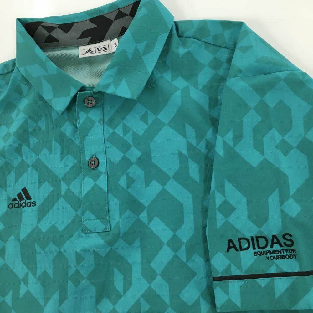 【美品】アディダス 半袖ポロシャツ グリーン 総柄 袖ロゴ刺しゅう メンズ L/G ゴ...