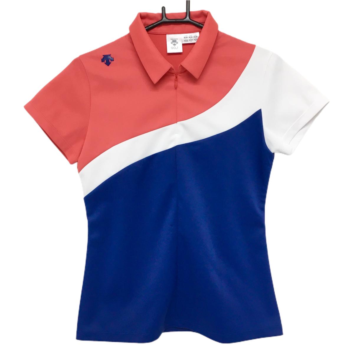 デサントゴルフ 半袖ポロシャツ ネイビー×レッドピンク系 ハーフジップ 3トーンカラー 中田英寿 レディース L ゴルフウェア DESCENTE