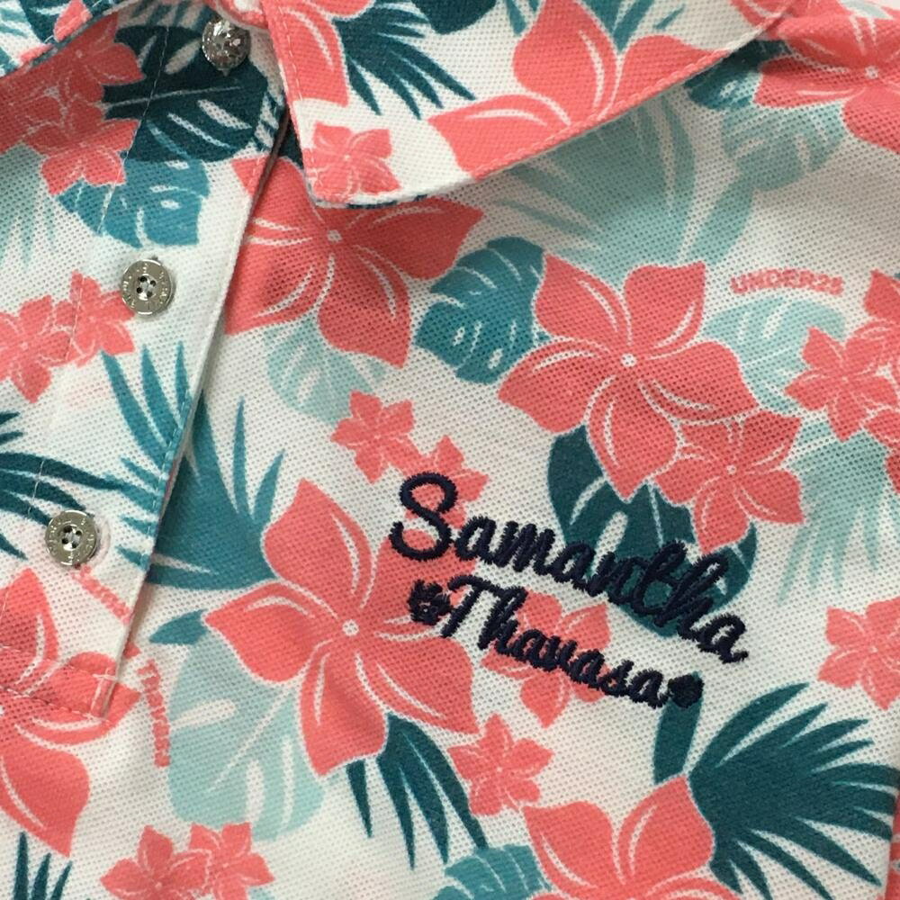 【美品】サマンサタバサUNDER25 半袖ポロシャツ 白×ピンク 花柄 ロゴ刺しゅう レディース M ゴルフウェア Samantha Thavasa