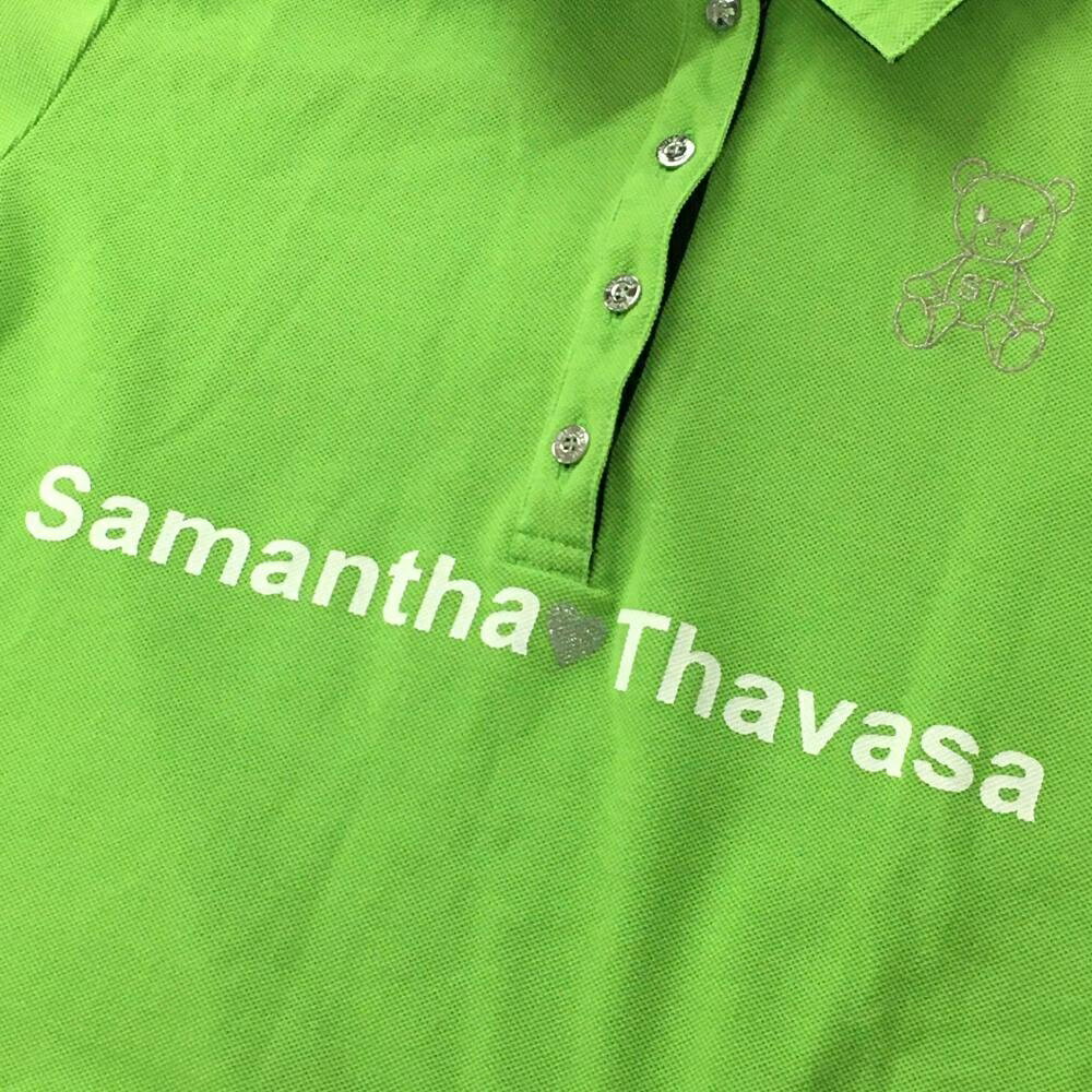 【超美品】サマンサタバサUNDER25 半袖ポロシャツ ライトグリーン 袖ロゴピンク クマ刺しゅう レディース M ゴルフウェア Samantha Thavasa