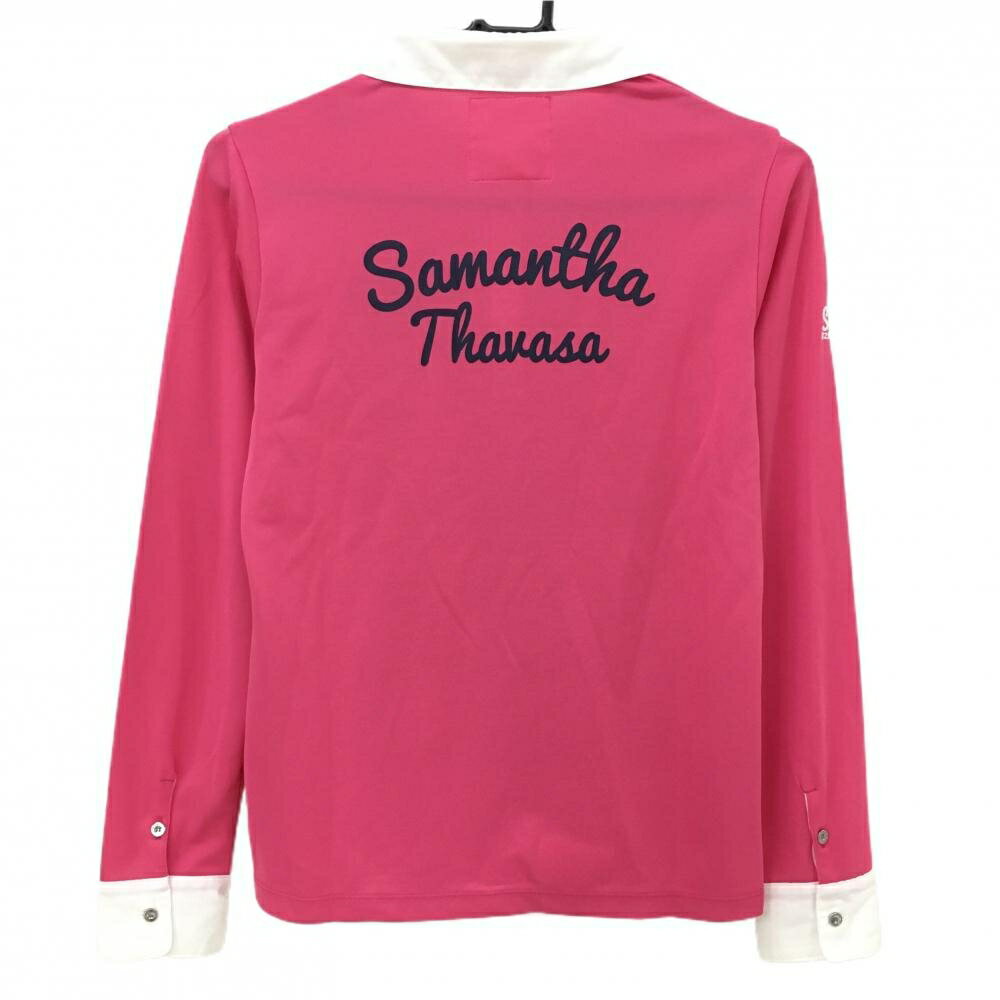 サマンサタバサUNDER25 長袖ポロシャツ ピンク×白 ロゴネイビー レディース M ゴルフウェア Samantha Thavasa