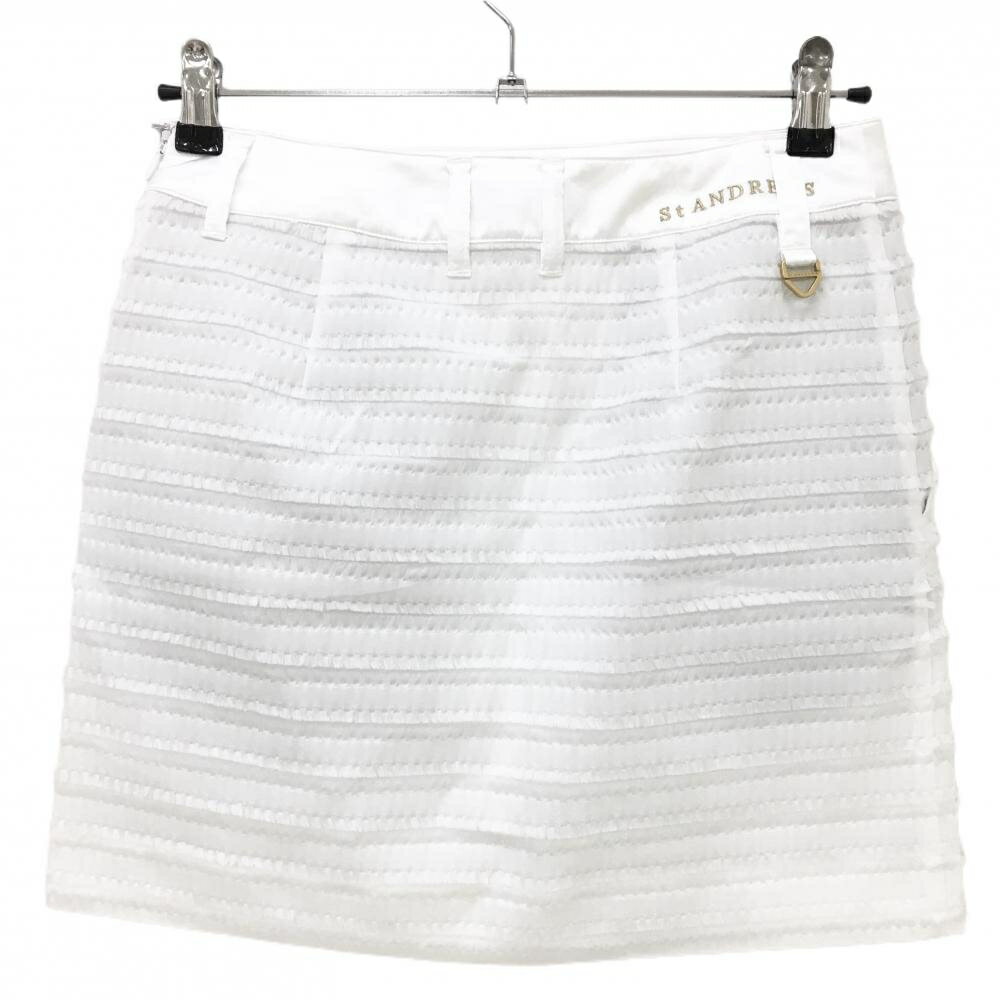 【超美品】セントアンドリュース スカート 白 フリンジボーダー調 ロゴゴールド レディース S ゴルフウェア St ANDREWS