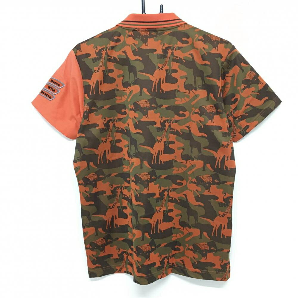 【美品】ダンスウィズドラゴン 半袖ポロシャツ オレンジ×カーキ アニマル柄 メンズ 3(L) ゴルフウェア Dance With Dragon