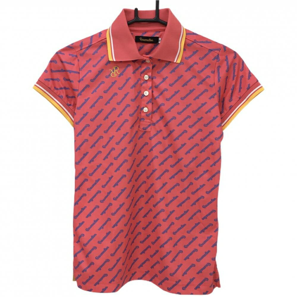 【超美品】レザレクション 半袖ポロシャツ レッド系×ブルー 斜めロゴ総柄 ロゴ刺しゅう レディース S ゴルフウェア Resurrection