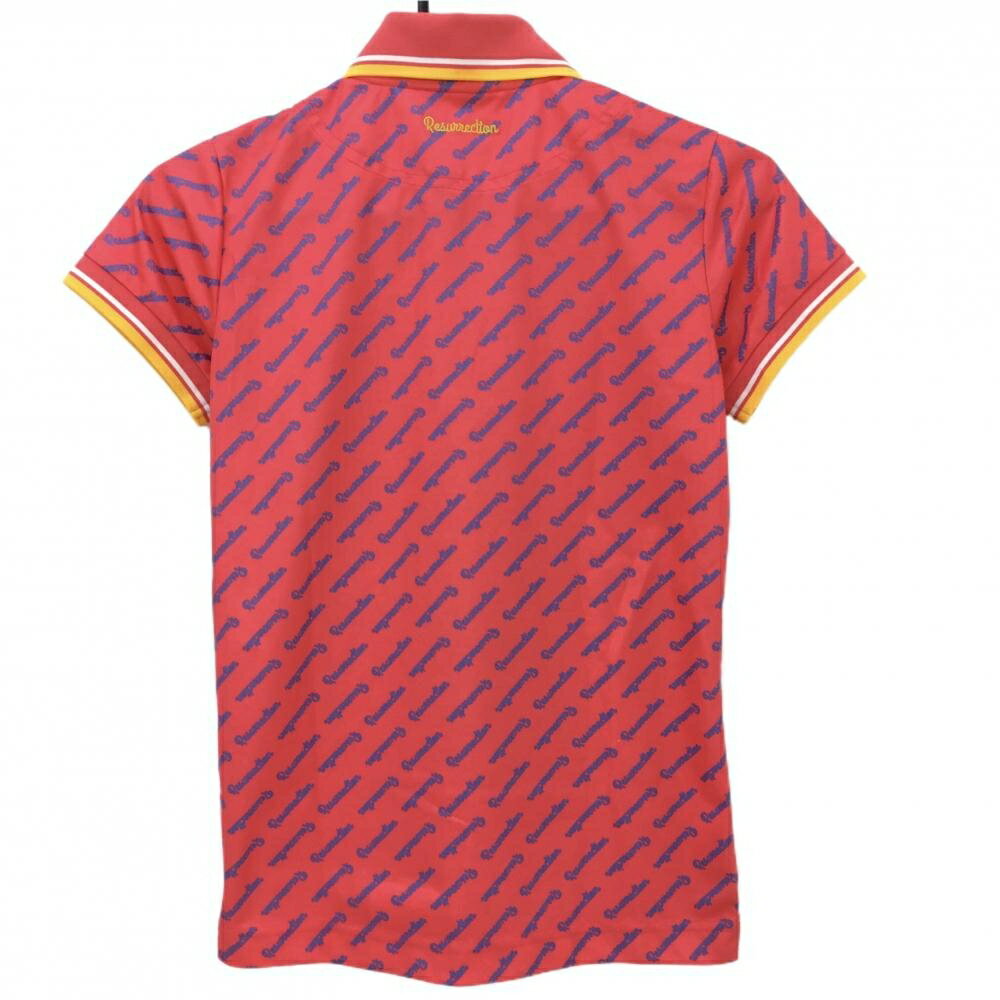 【超美品】レザレクション 半袖ポロシャツ レッド系×ブルー 斜めロゴ総柄 ロゴ刺しゅう レディース S ゴルフウェア Resurrection