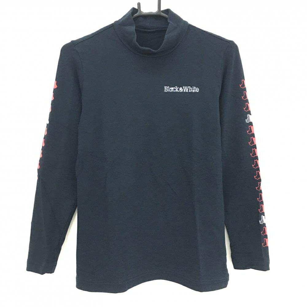 【美品】ブラックアンドホワイト 長袖ハイネックシャツ ネイビー スパンコールロゴ レディース L ゴルフウェア Black＆White