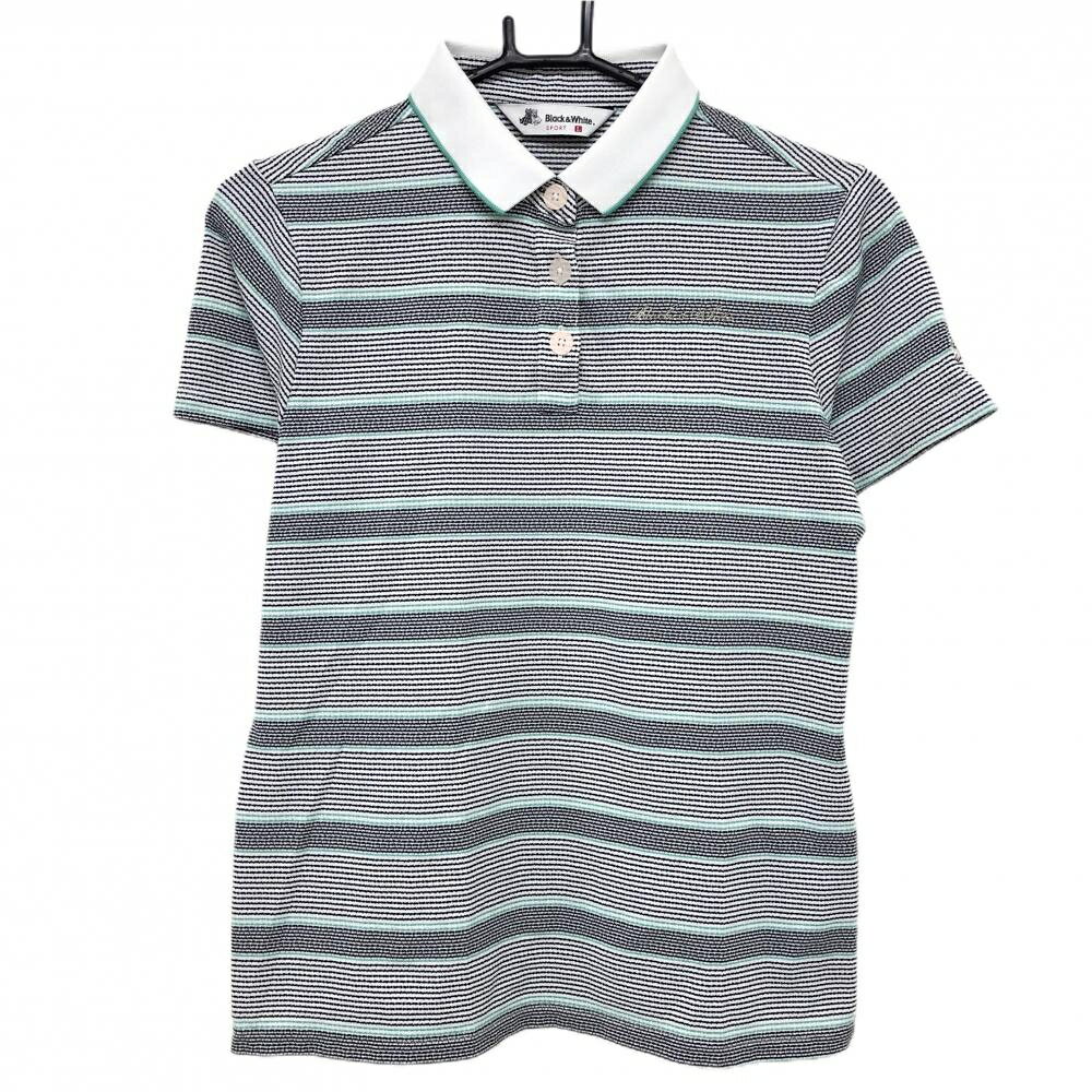 【美品】ブラックアンドホワイト 半袖ポロシャツ 白×黒 ボーダー 胸元刺しゅう レディース L ゴルフウェア Black＆White
