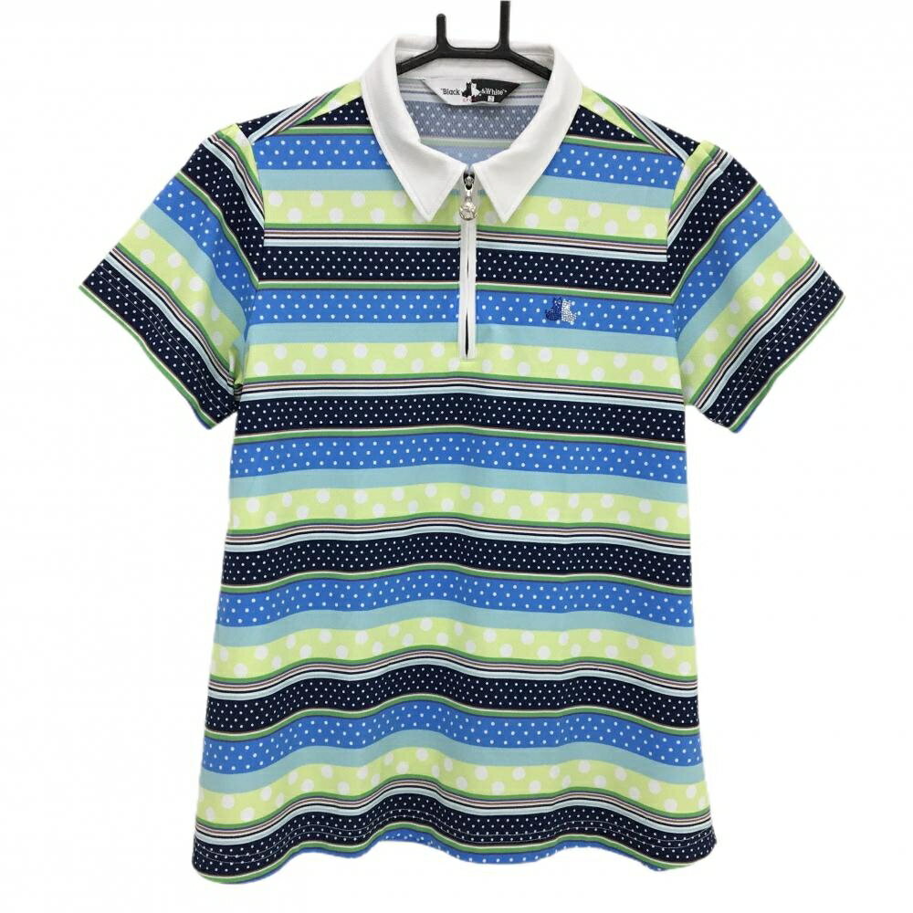 【超美品】ブラックアンドホワイト 半袖ポロシャツ 白×マルチカラー ボーダー ドット レディース 2(M) ゴルフウェア Black＆White