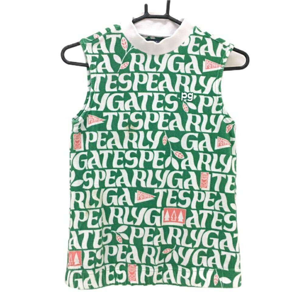 パーリーゲイツ ノースリーブハイネックシャツ グリーン×白 パイル地 ロゴ総柄 レディース 0(S) ゴルフ..