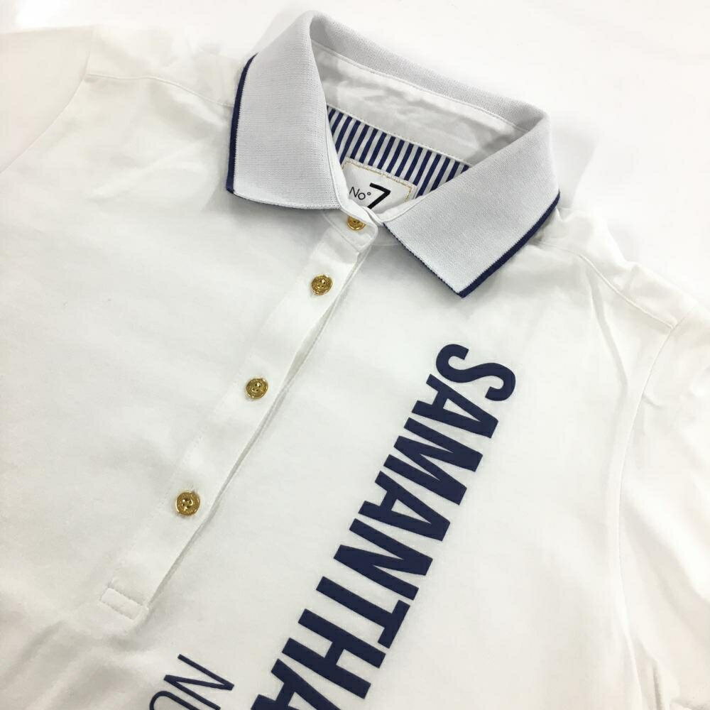 【超美品】サマンサタバサNo.7 半袖ポロシャツ 白×ネイビー ロゴプリント レディース 40(L) ゴルフウェア Samantha Thavasa