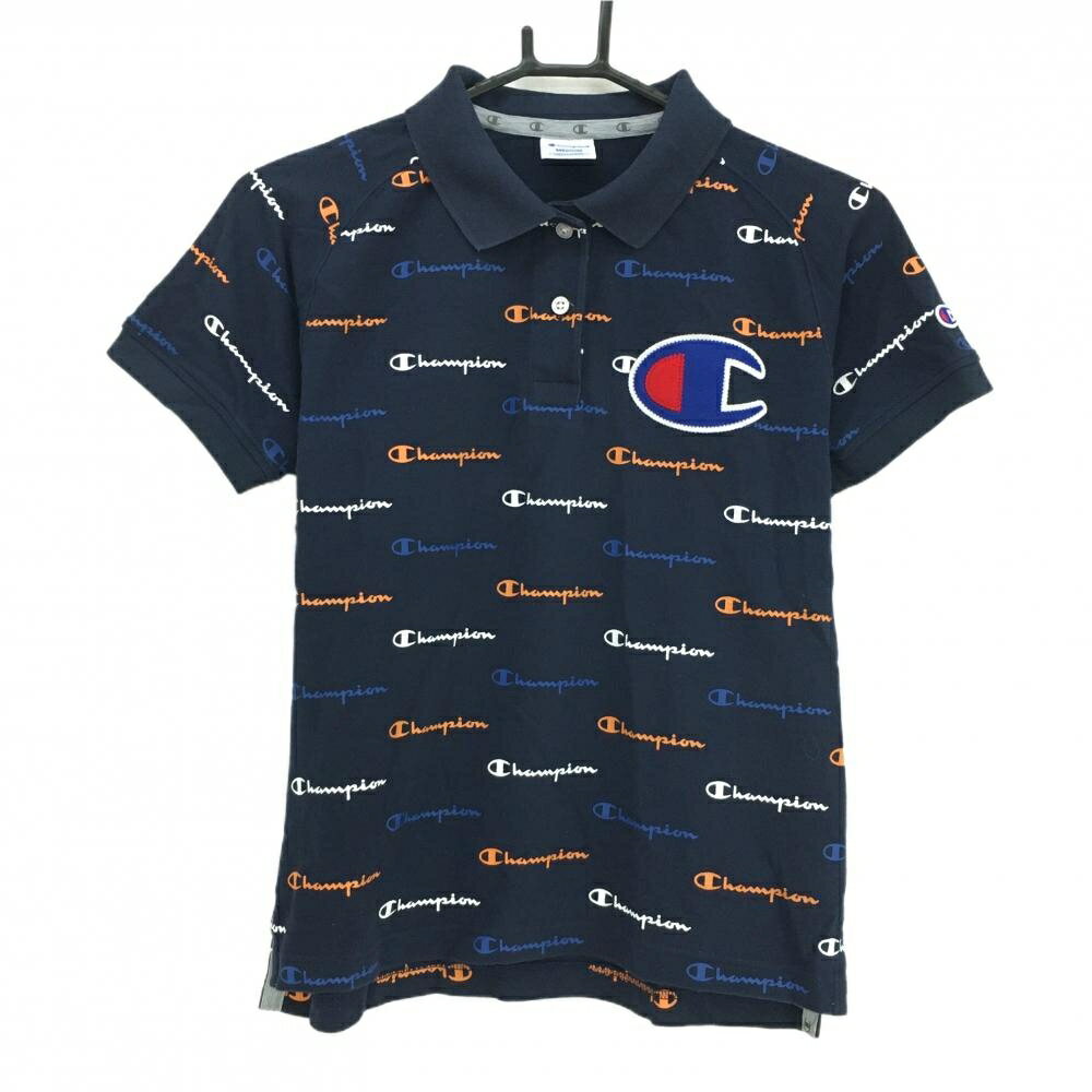 チャンピオン 半袖ポロシャツ ダークネイビー ロゴ総柄 ビックワッペン レディース MEDIUM ゴルフウェア Champion