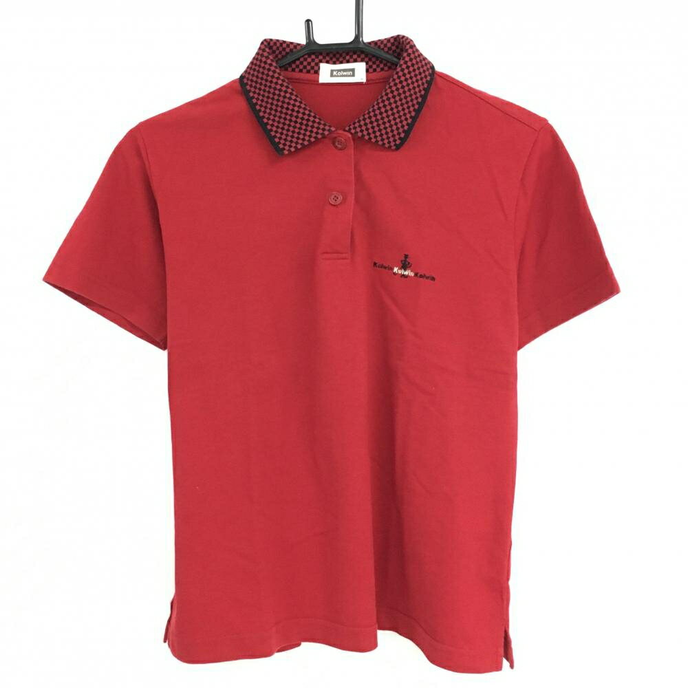 Polo Shirt - 【超美品】コルウィン 半袖ポロシャツ レッド×黒 襟ブロック柄 胸元刺しゅう レディース L ゴルフウェア Kolwin