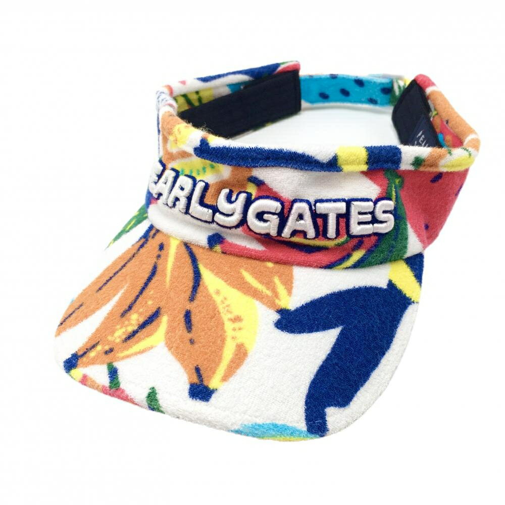 【美品】パーリーゲイツ サンバイザー 白×マルチカラー 総柄 パイル地 立体ロゴ FR ゴルフウェア PEARLY GATES