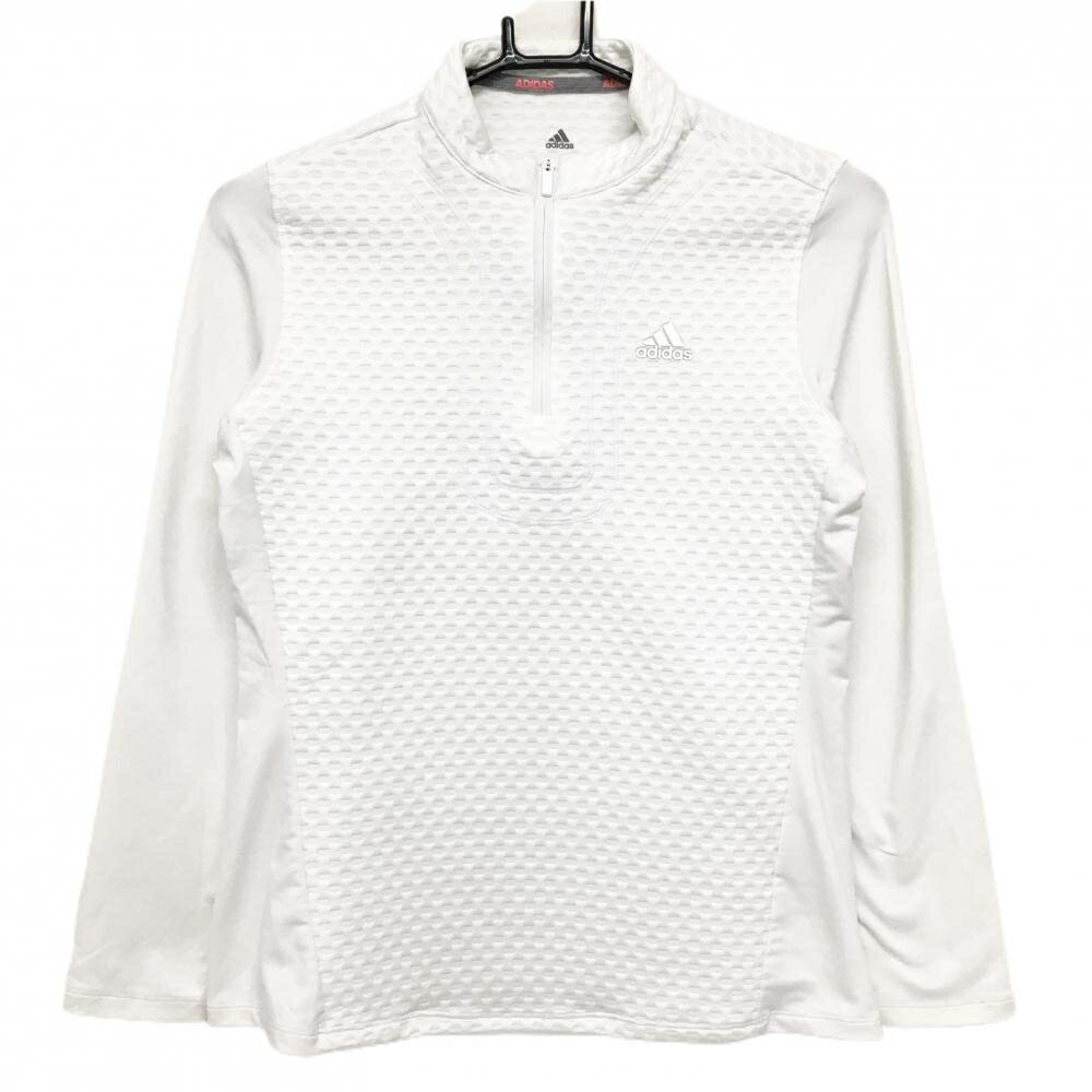 【美品】アディダス 長袖ハイネックシャツ 白 一部織生地 ハーフジップ 胸ロゴ レディース M ゴルフウェア adidas