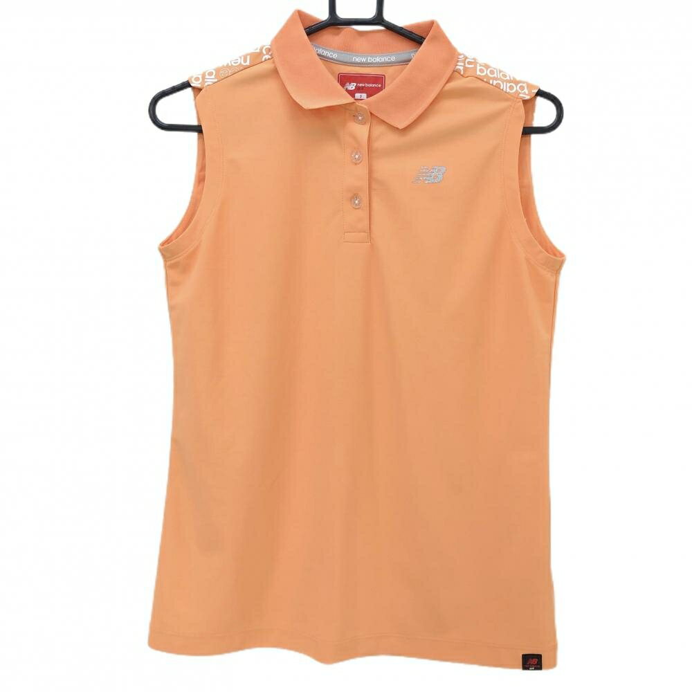 【超美品】ニューバランスゴルフ ノースリーブポロシャツ オレンジ×白 肩一部ロゴ総柄 レディース 2(L) ゴルフウェア New Balance