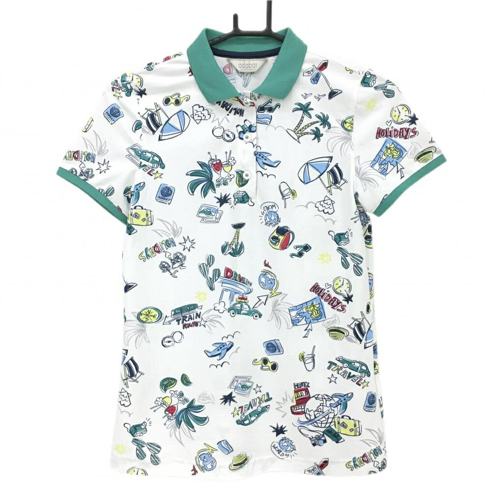 Adabat - 【美品】アダバット 半袖ポロシャツ 白×グリーン 総柄 車 ヤシの木 レディース 36(S) ゴルフウェア adabat
