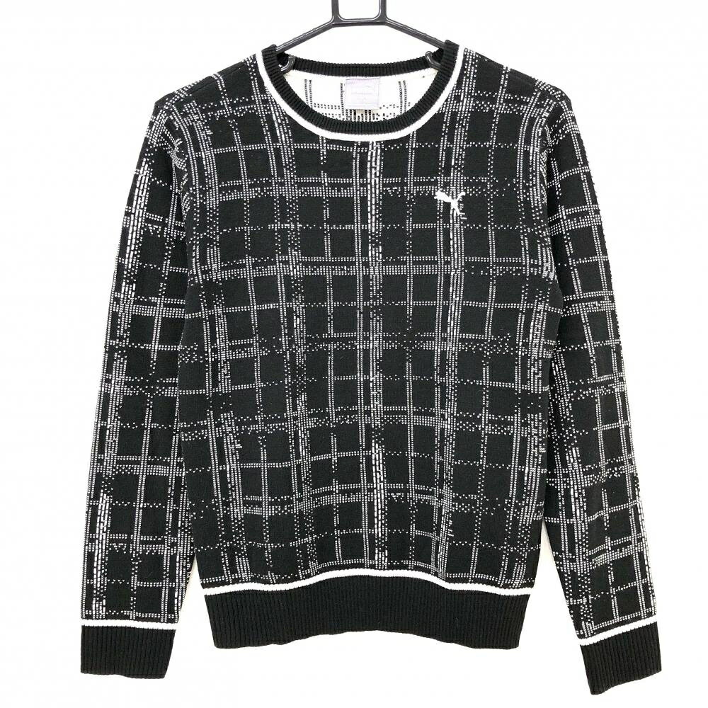 【超美品】プーマ セーター 黒×白 格子チェック ウール混 ニット レディース M ゴルフウェア PUMA