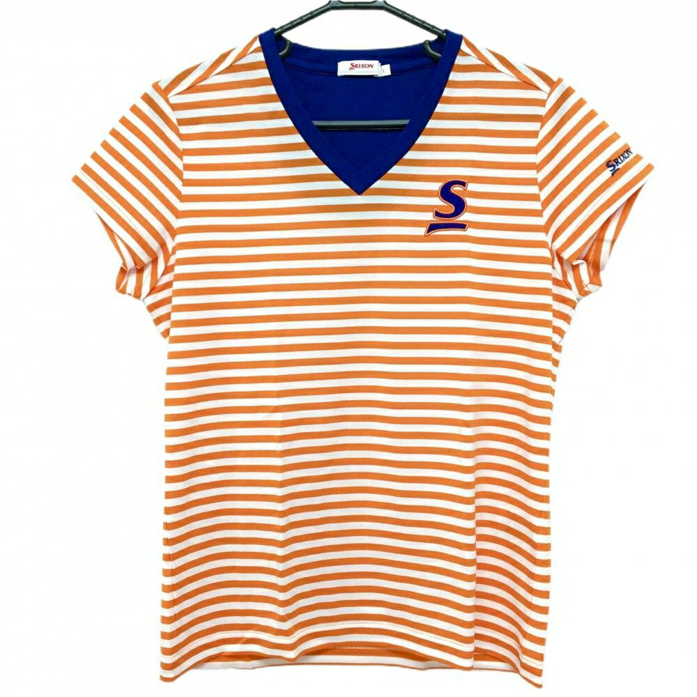 【超美品】スリクソン Tシャツ オレンジ×白 ボーダー Vネック 袖刺しゅう レディース L ゴルフウェア SRIXON