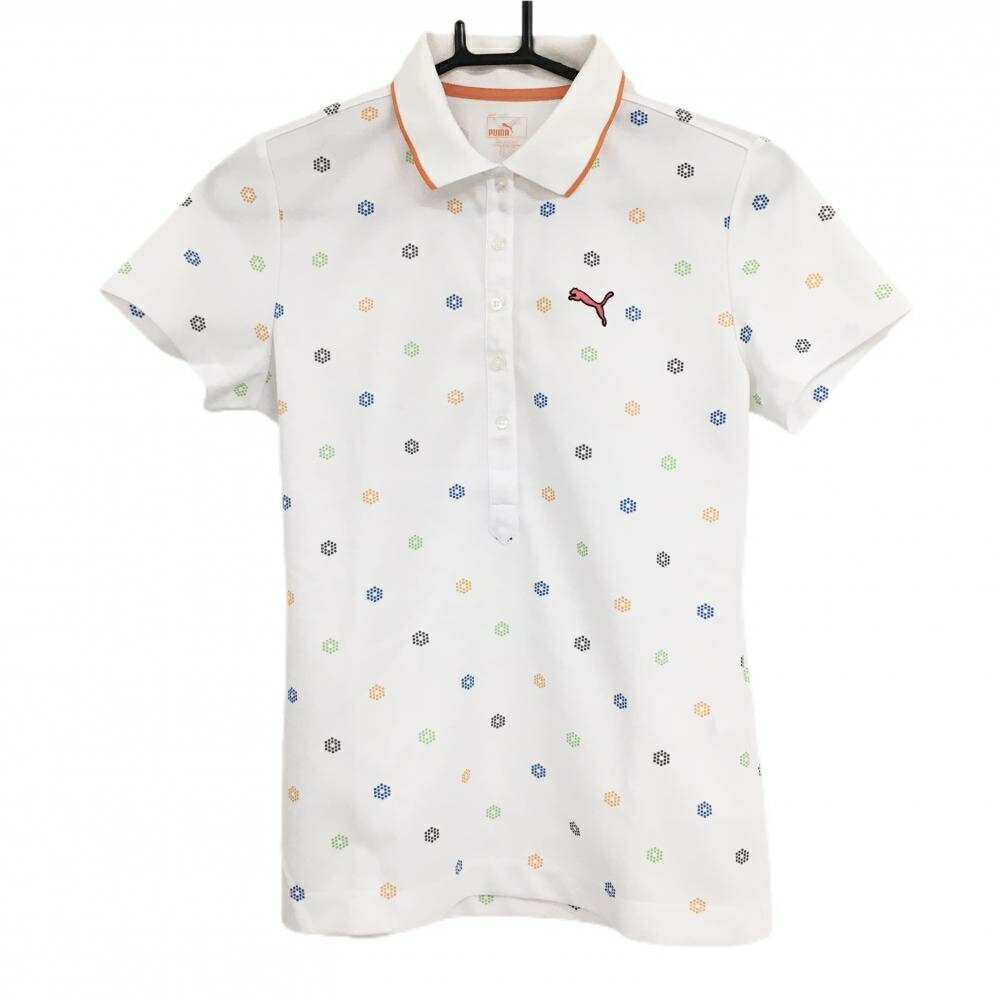 【美品】プーマ 半袖ポロシャツ 白×オレンジ ロゴ総柄 レディース L ゴルフウェア PUMA