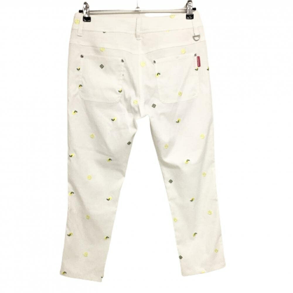 マリクレールスポール 半端丈パンツ 白×イエロー レモン刺しゅう総柄 一部裏地 レディース L ゴルフウェア marie claire