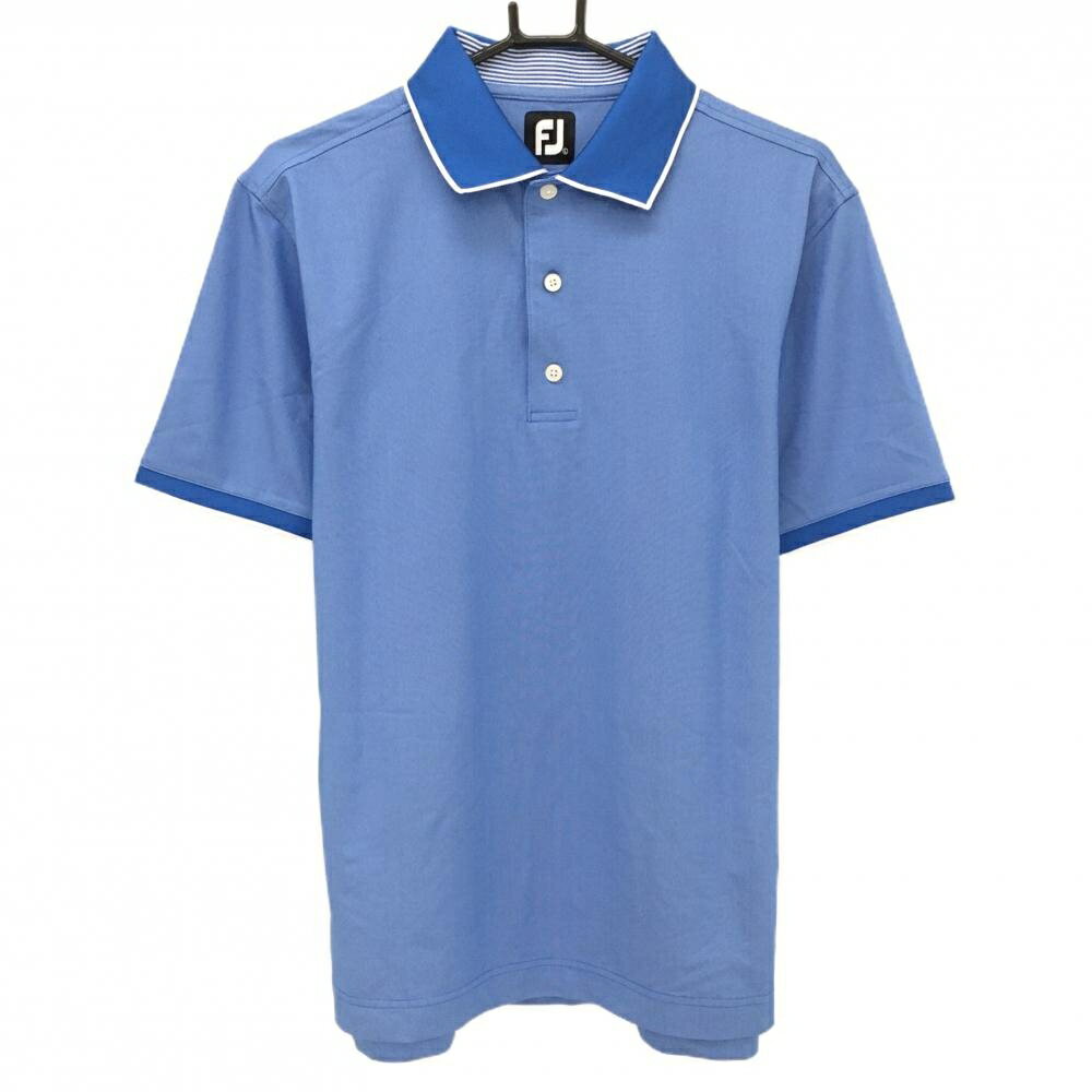 【美品】フットジョイ 半袖ポロシャツ ブルー 襟裏一部ボーダー メンズ L ゴルフウェア FootJoy
