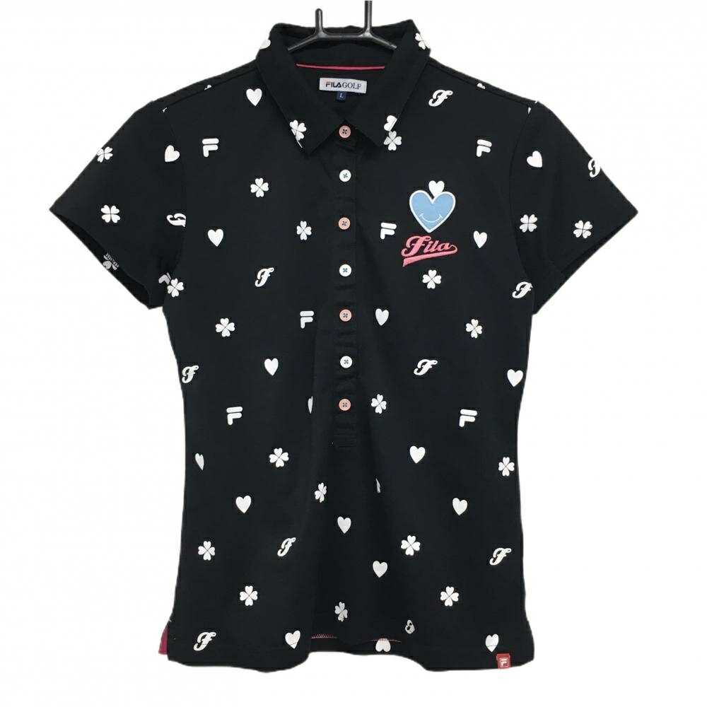 【超美品】フィラゴルフ 半袖ポロシャツ 黒×白 総柄 ワッペン レディース L ゴルフウェア FILA GOLF