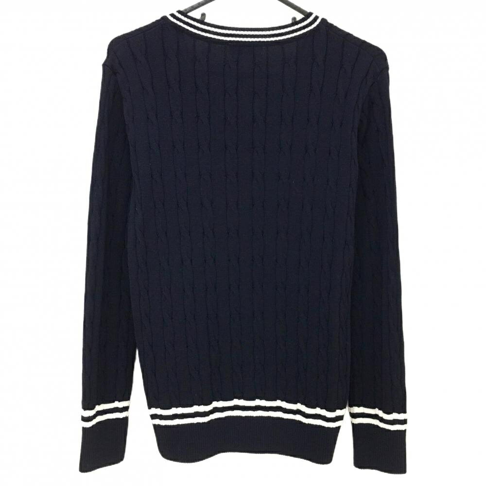 【超美品】マンシングウェア セーター ネイビー ネックライン白 ケーブル編み ウール混 Vネック レディース M ゴルフウェア Munsingwear