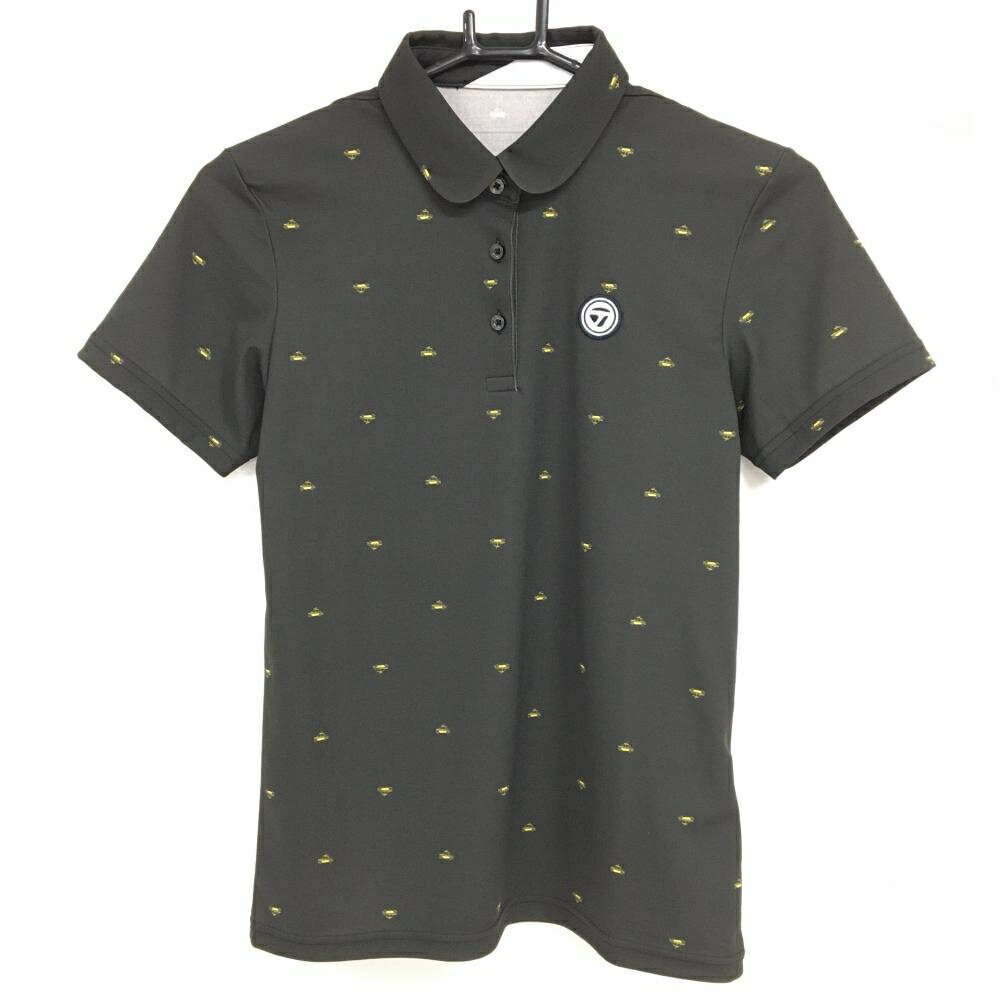 【美品】テーラーメイド 半袖ポロシャツ 黒系×イエロー 車柄 胸元ワッペン レディース M ゴルフウェア ..