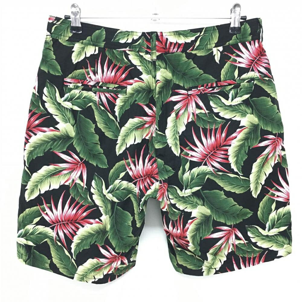 【美品】ニューエラ ハーフパンツ 黒×グリーン×レッド リーフ柄 ウエスト調節紐付 綿100％ メンズ LARGE ゴルフウェア New Era