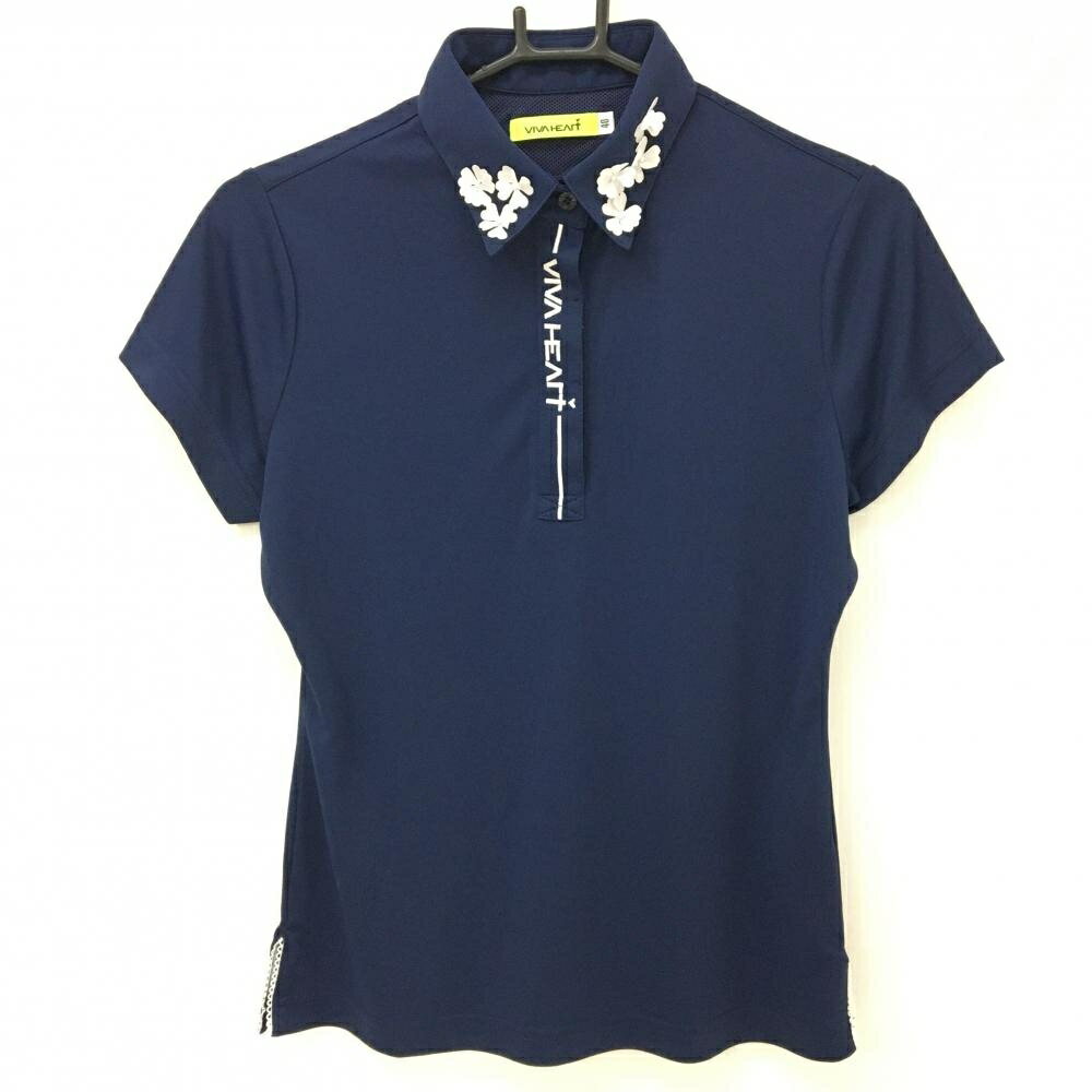 VIVA HEART - 【超美品】ビバハート 半袖ポロシャツ ネイビー×白 襟花 レディース 40(M) ゴルフウェア VIVA HEART