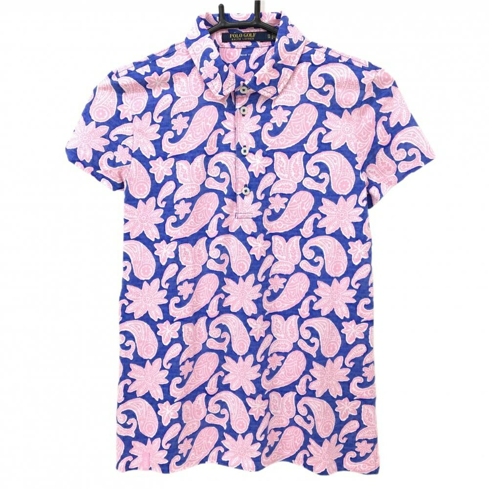 【超美品】ポロゴルフ 半袖ポロシャツ ブルー×ピンク 総柄 レディース XS ゴルフウェア Ralph Lauren