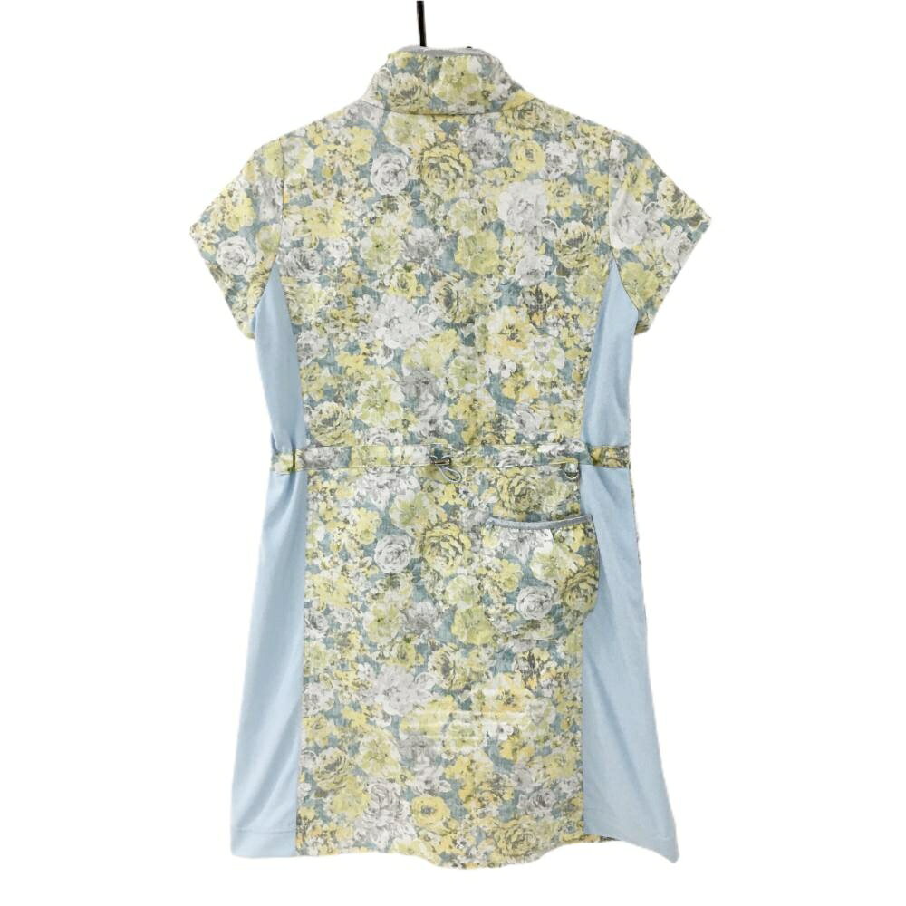 【美品】ヒールクリーク 半袖ハイネックワンピース ライトブルー×イエロー 花柄 ハーフジップ レディース 40(M) ゴルフウェア Heal Creek