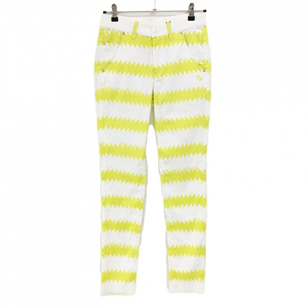 【新品】パーリーゲイツ パンツ 白×イエロー 稲妻 ギザギザボーダー ストレッチ レディース 1(M) ゴル..