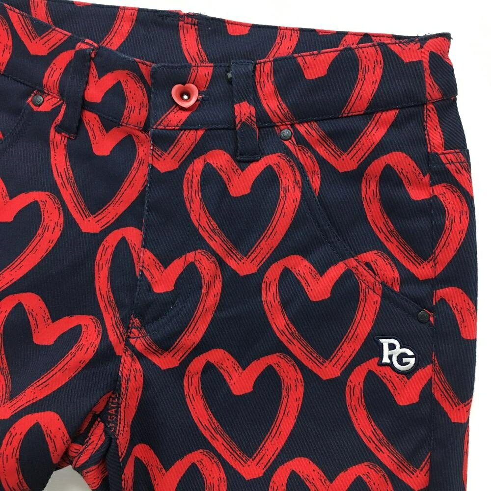 【新品】パーリーゲイツ パンツ ネイビー×レッド ハート柄 ストレッチ レディース ...