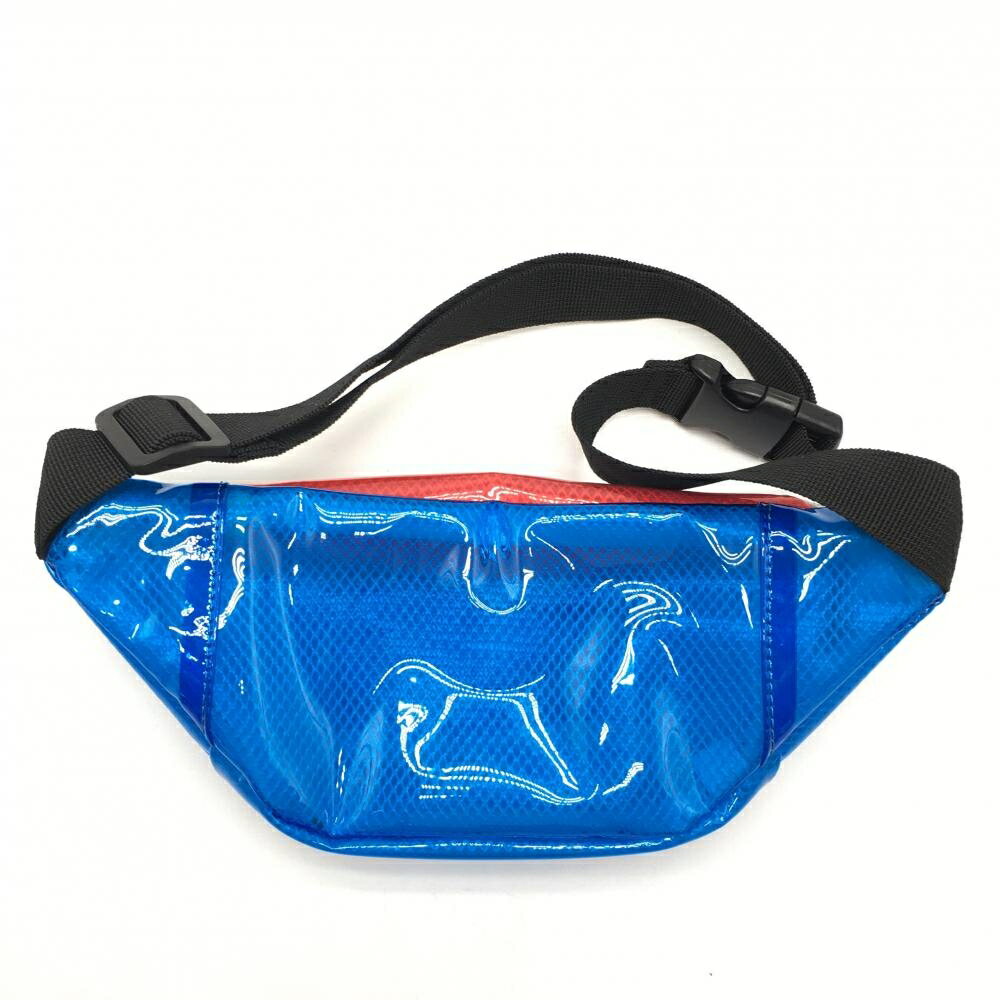 【美品】クアルトユナイテッド ウエストポーチ ブルー×レッド×白 ビニール クリア ボディバッグゴルフ CUARTO UNITED