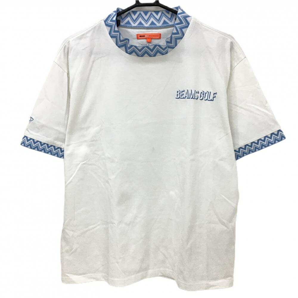 【美品】ビームスゴルフ 半袖ハイネックシャツ 白×ライトブルー ネック・袖口ギザギザ柄 ロゴ刺しゅう メンズ L ゴルフウェア BEAMS GOLF